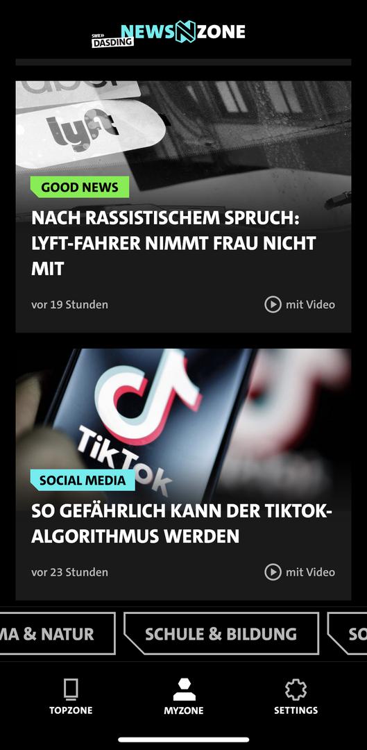 Screenshot aus der Newszone App