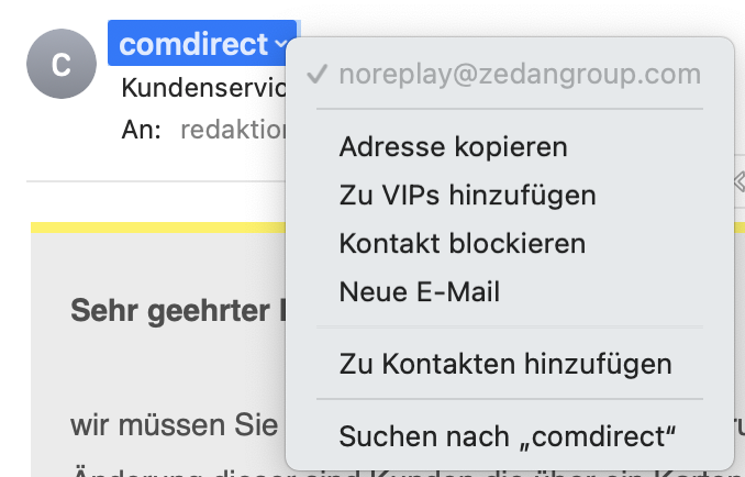 Screenshot: Mailadresse