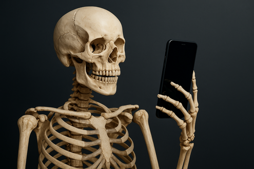 Skelett hält Handy in der Hand