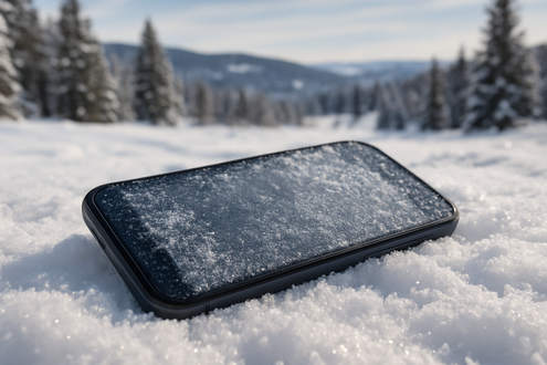 KI genereiertes Bild von einem gefrorenem Handy im Schnee