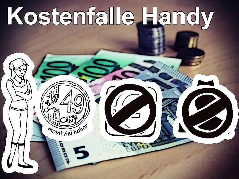 Münzen und Geldscheine mit Szene aus Kostenfallen-Erklärvideo