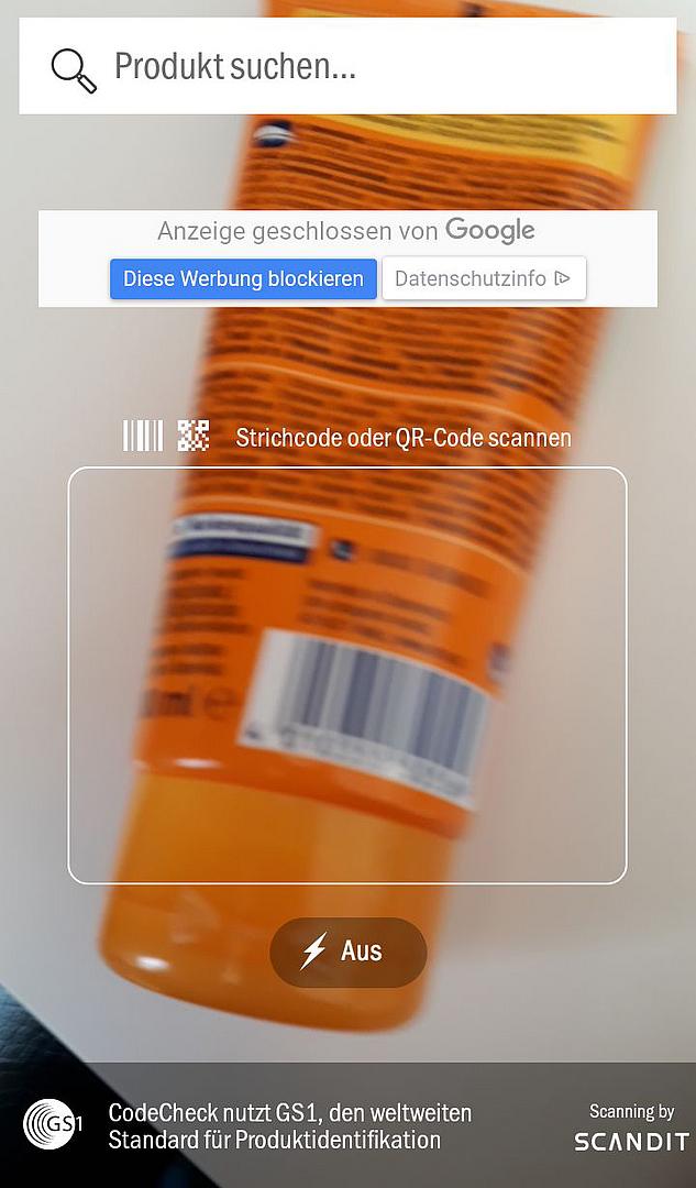 Screenshot der App Codecheck beim Scannen