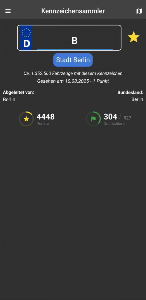 Screenshot aus der App "Kennzeichensammler"