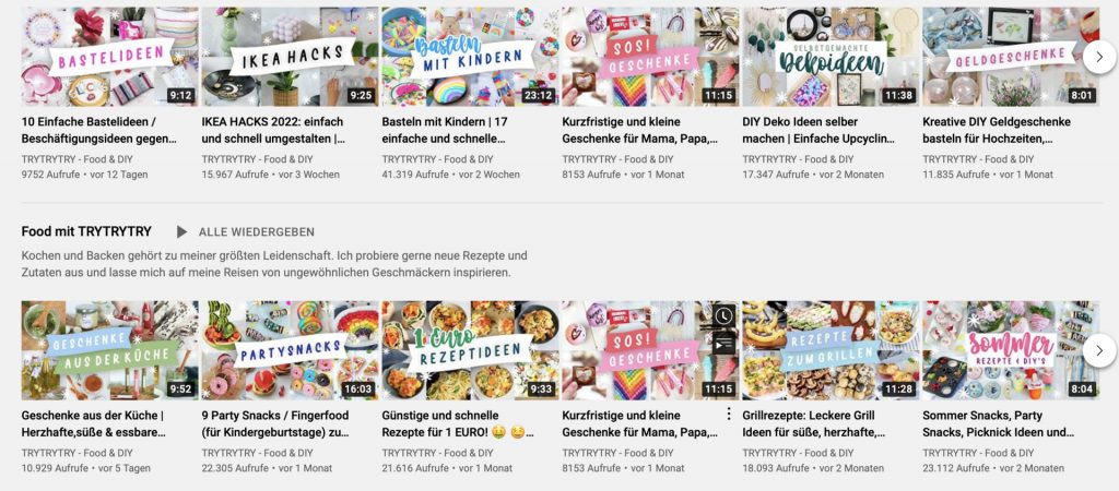 Übersicht verschiedener YouTube Videos