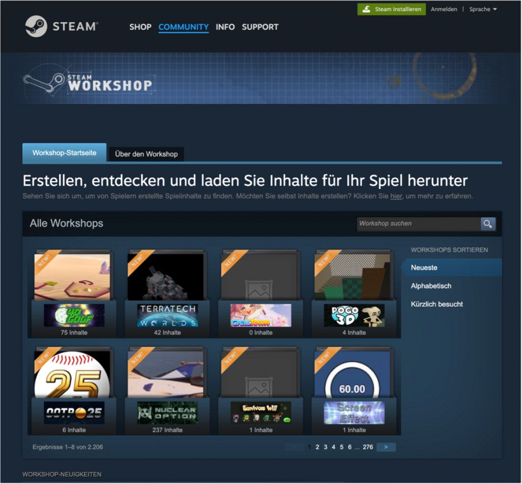 Quelle: Steam Communities - https://steamcommunity.com/workshop/?l=german