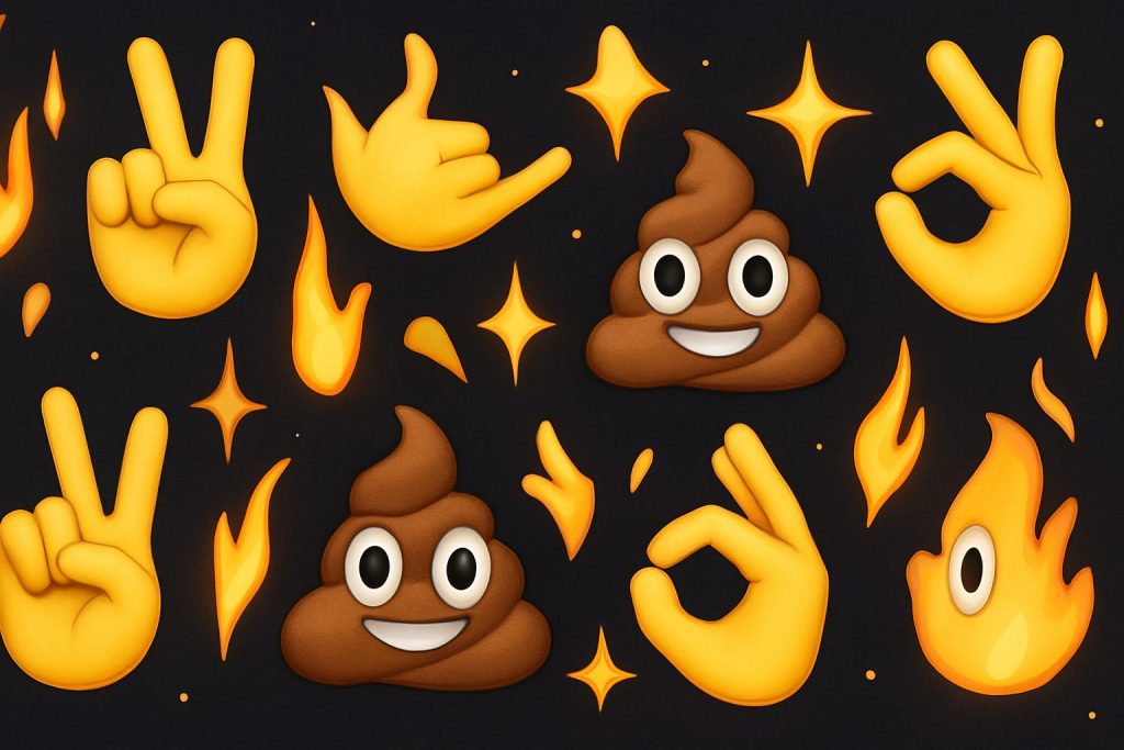 Das Bild zeigt vier Emojis: Kackhaufen, Peace, OK und Call me