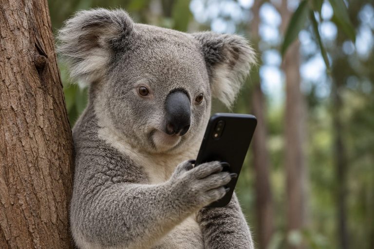 Koala mit Handy in der Hand